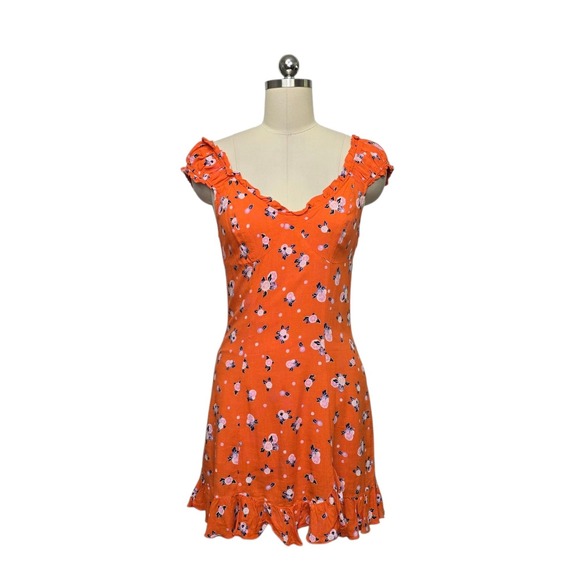 Free People Dresses & Skirts - Free People Womens Orange Floral Polka Dot Ruffle Mini Dress Open Back Size XS